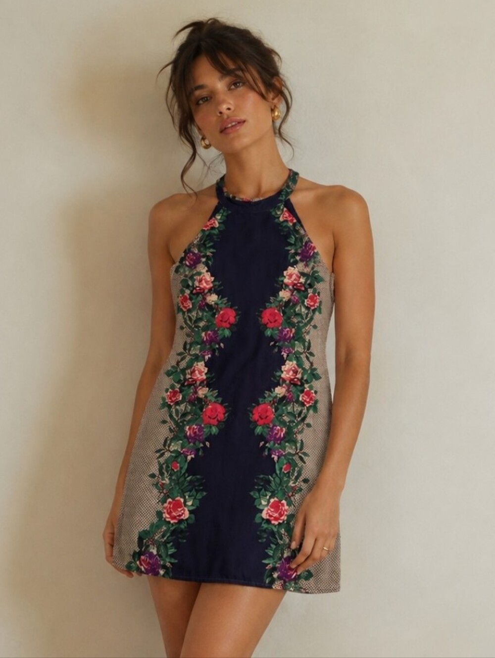 Floral Halter Mini Dress in Navy and Beige